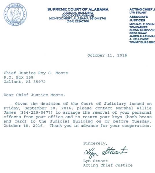 Letter to Roy Moore asking him to clean out his office and turn in his badge and keys.